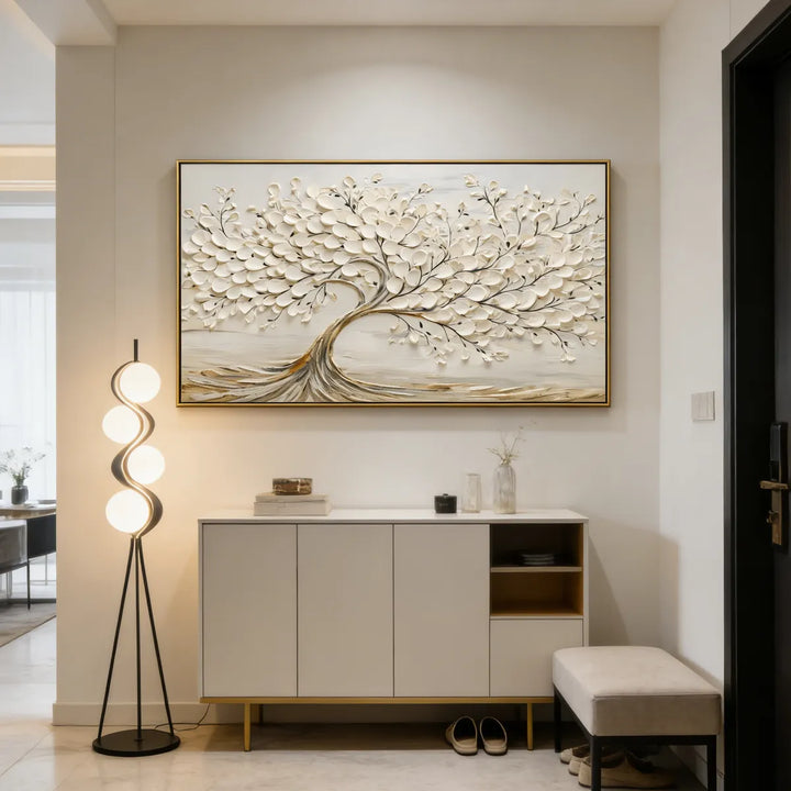 Cream White Textured Tree Relief Painting TA
