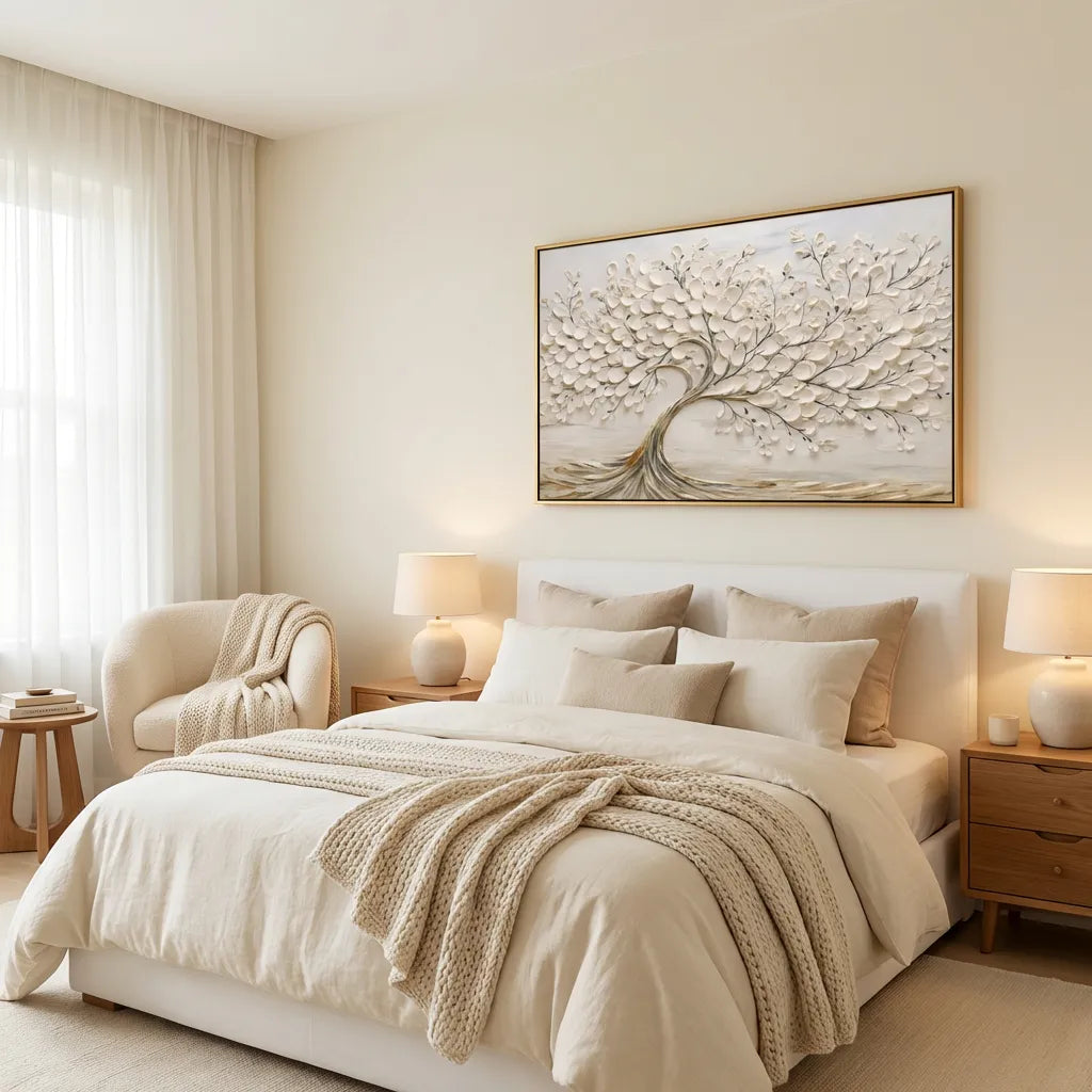 Cream White Textured Tree Relief Painting TA