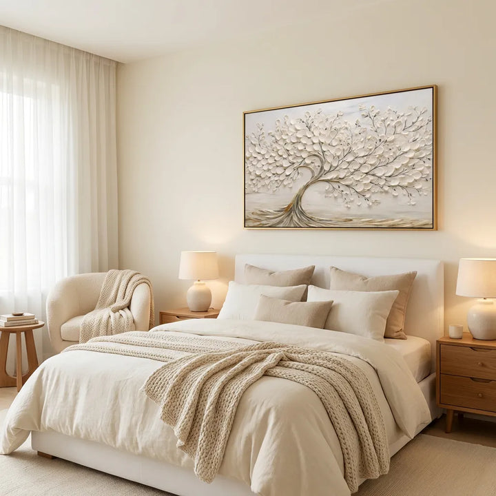 Cream White Textured Tree Relief Painting TA