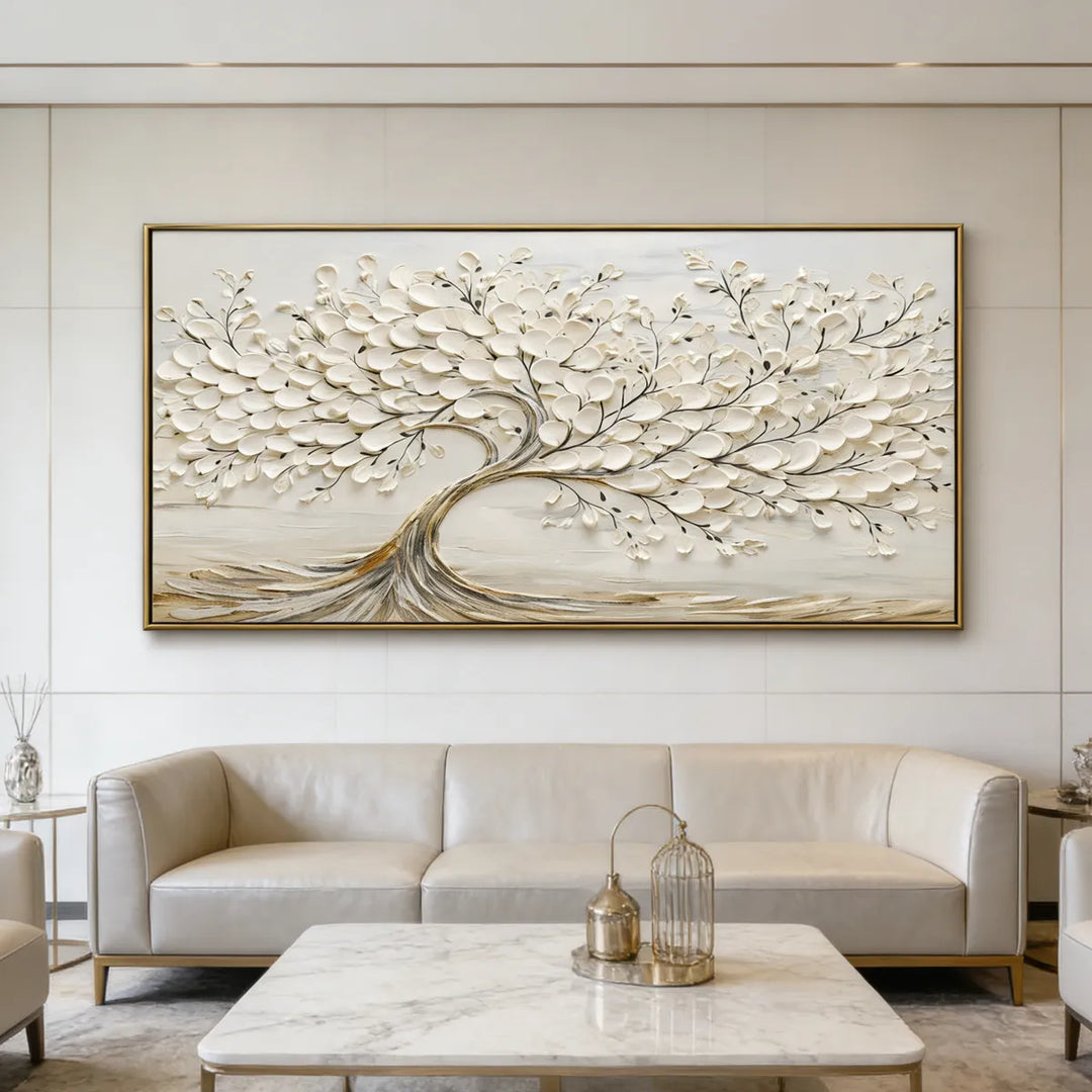 Cream White Textured Tree Relief Painting TA