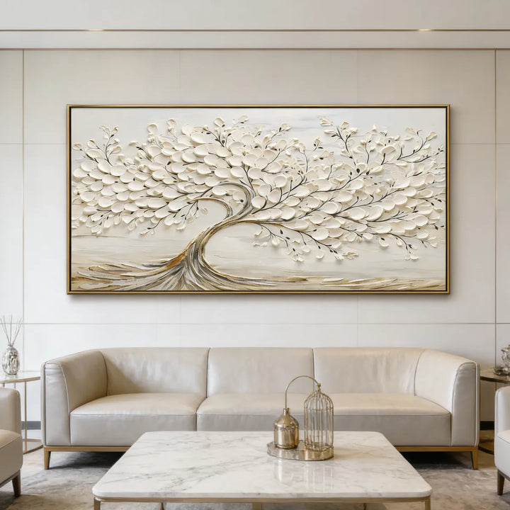 Cream White Textured Tree Relief Painting TA