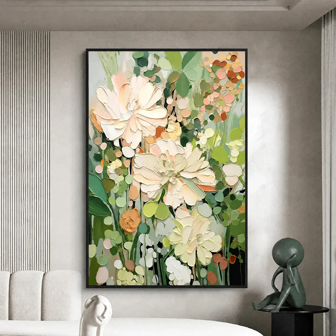 Cream Green Impasto Floral Painting MT