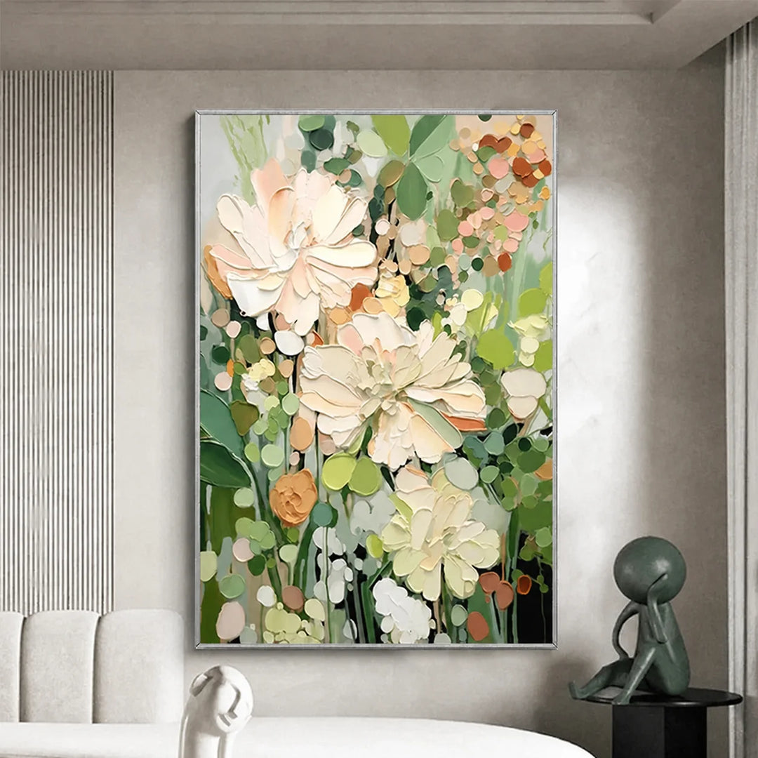 Cream Green Impasto Floral Painting MT