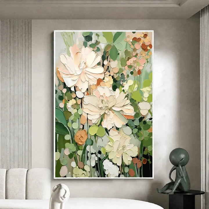 Cream Green Impasto Floral Painting MT