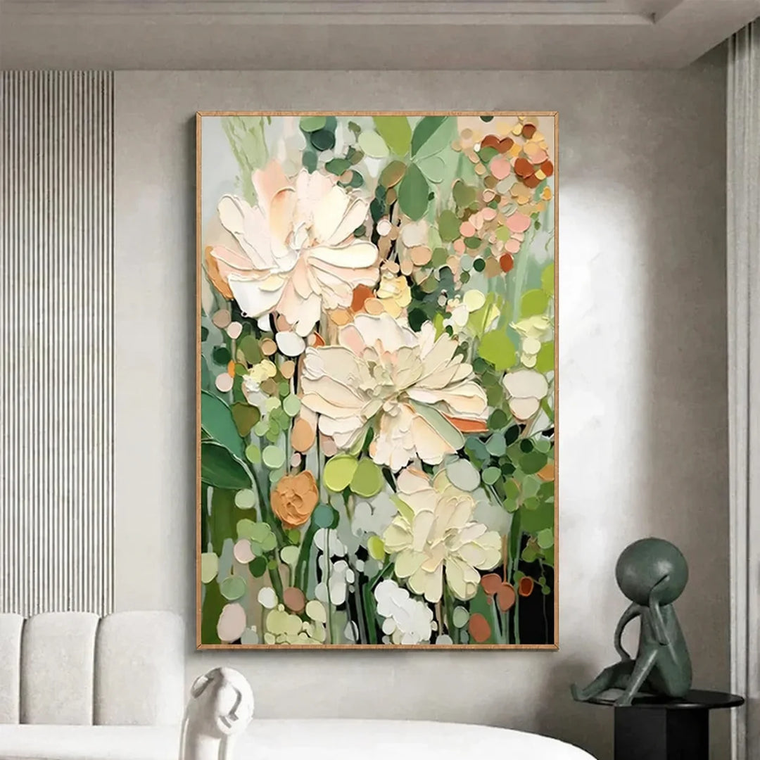 Cream Green Impasto Floral Painting MT