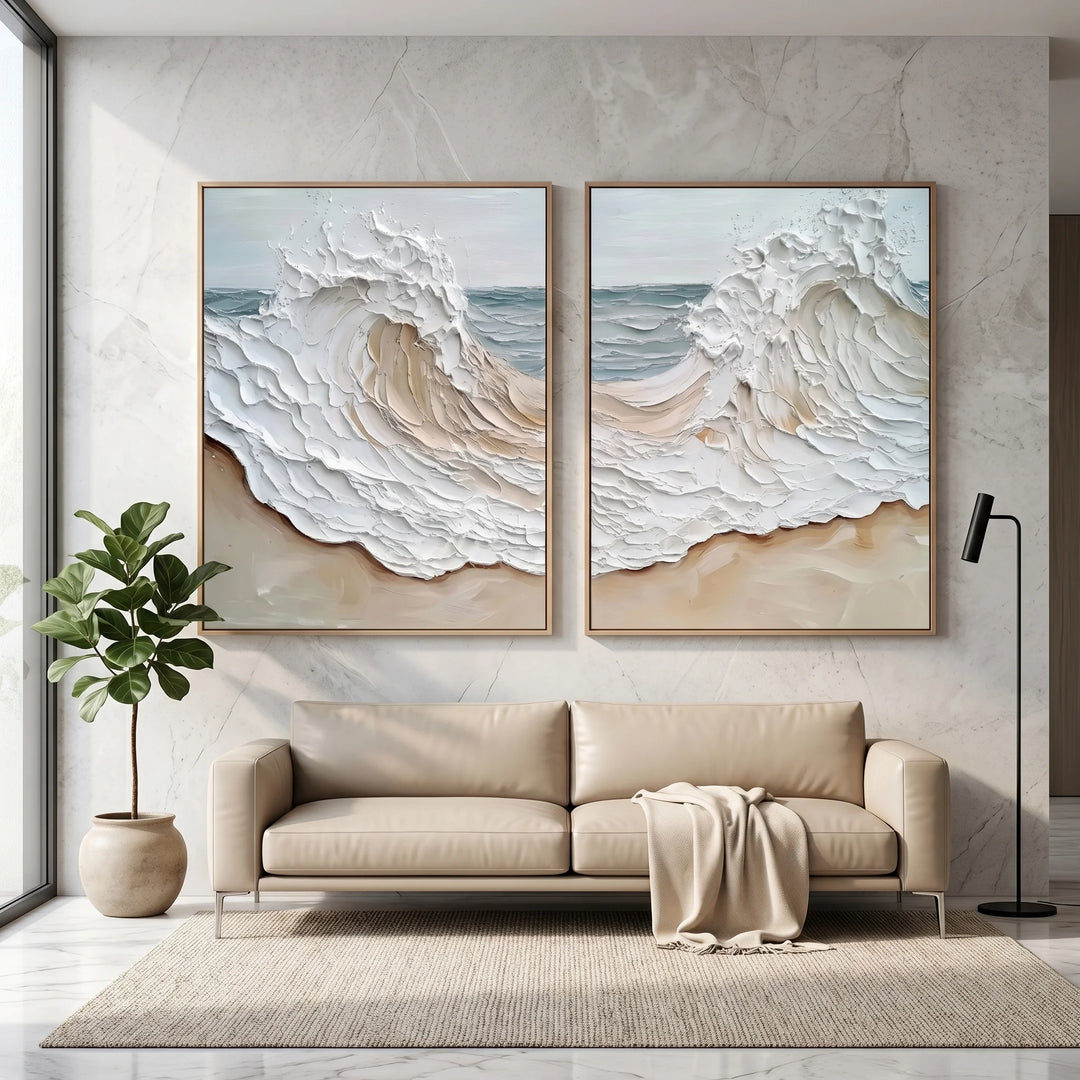 Diptych Coastal Wave Canvas Print Set in Neutral Tones TA