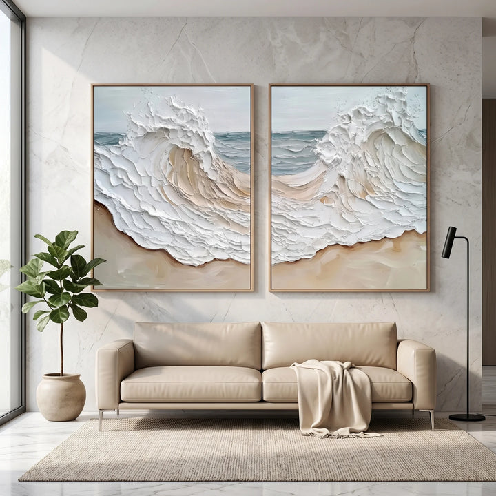 Diptych Coastal Wave Canvas Print Set in Neutral Tones TA