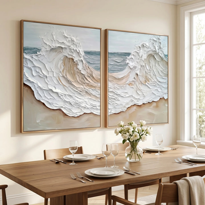 Diptych Coastal Wave Canvas Print Set in Neutral Tones TA