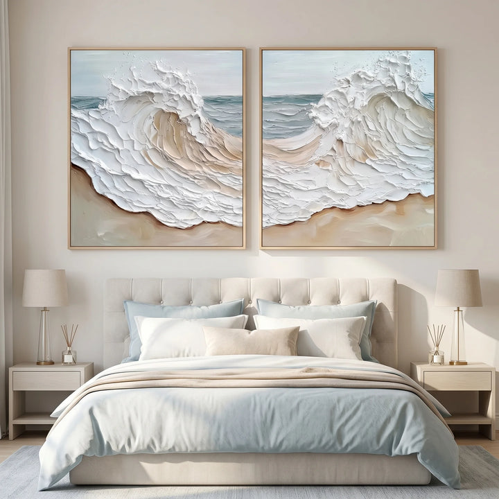 Diptych Coastal Wave Canvas Print Set in Neutral Tones TA