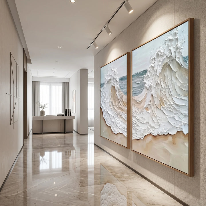 Diptych Coastal Wave Canvas Print Set in Neutral Tones TA