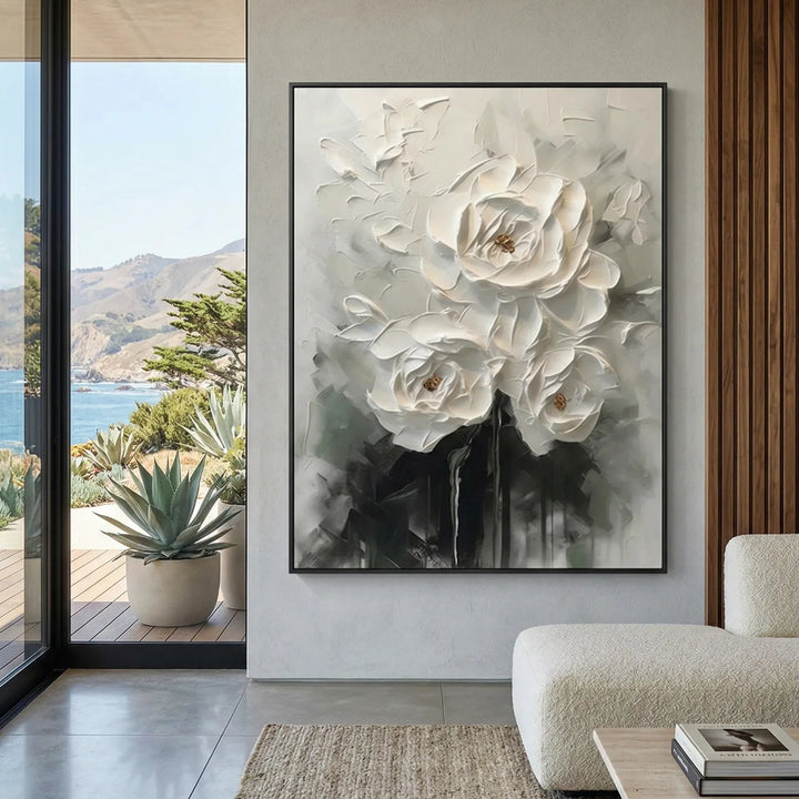 Ethereal White Peony Thick Impasto Floral Art TA