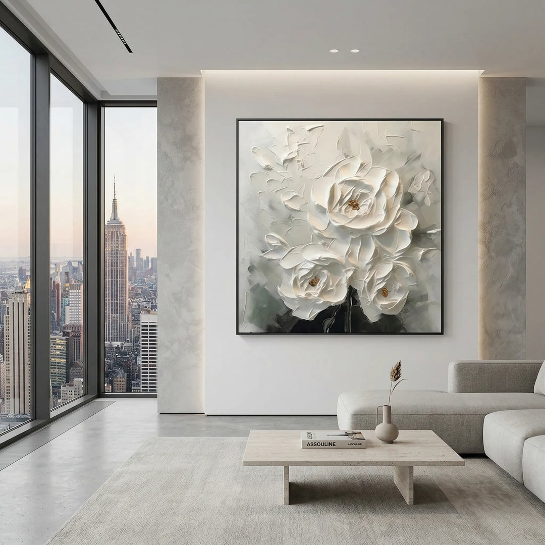 Ethereal White Peony Thick Impasto Floral Art TA