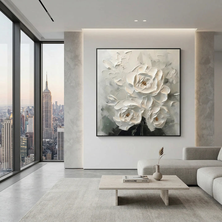 Ethereal White Peony Thick Impasto Floral Art TA