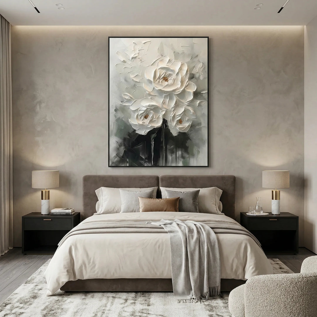 Ethereal White Peony Thick Impasto Floral Art TA