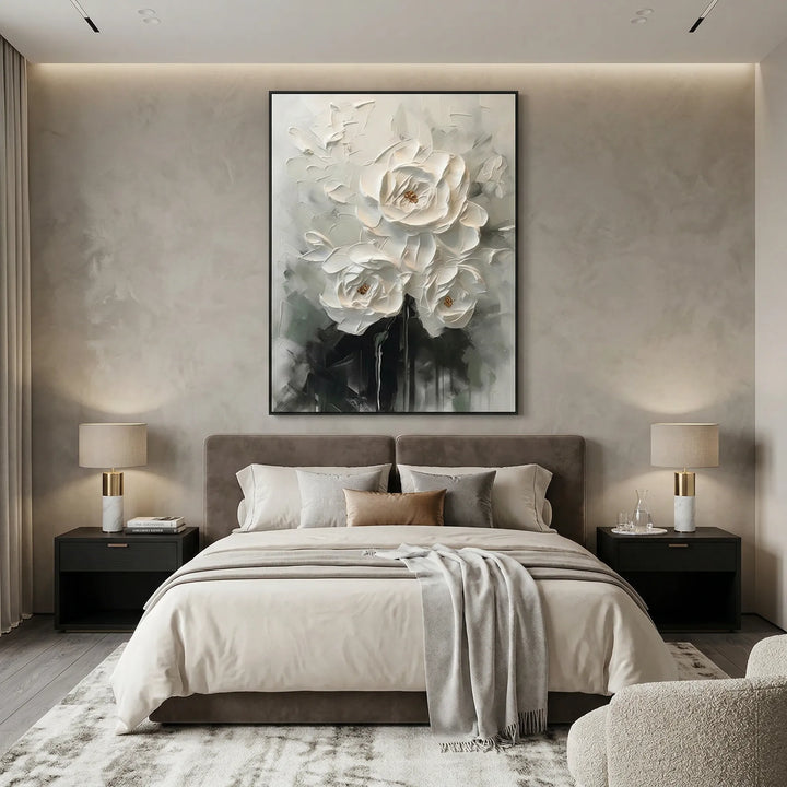 Ethereal White Peony Thick Impasto Floral Art TA
