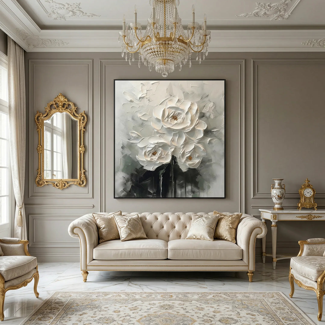 Ethereal White Peony Thick Impasto Floral Art TA