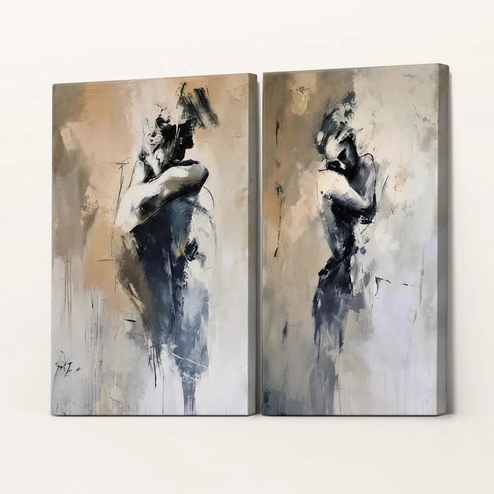 Gray Beige Figurative Diptych Abstract Painting TA
