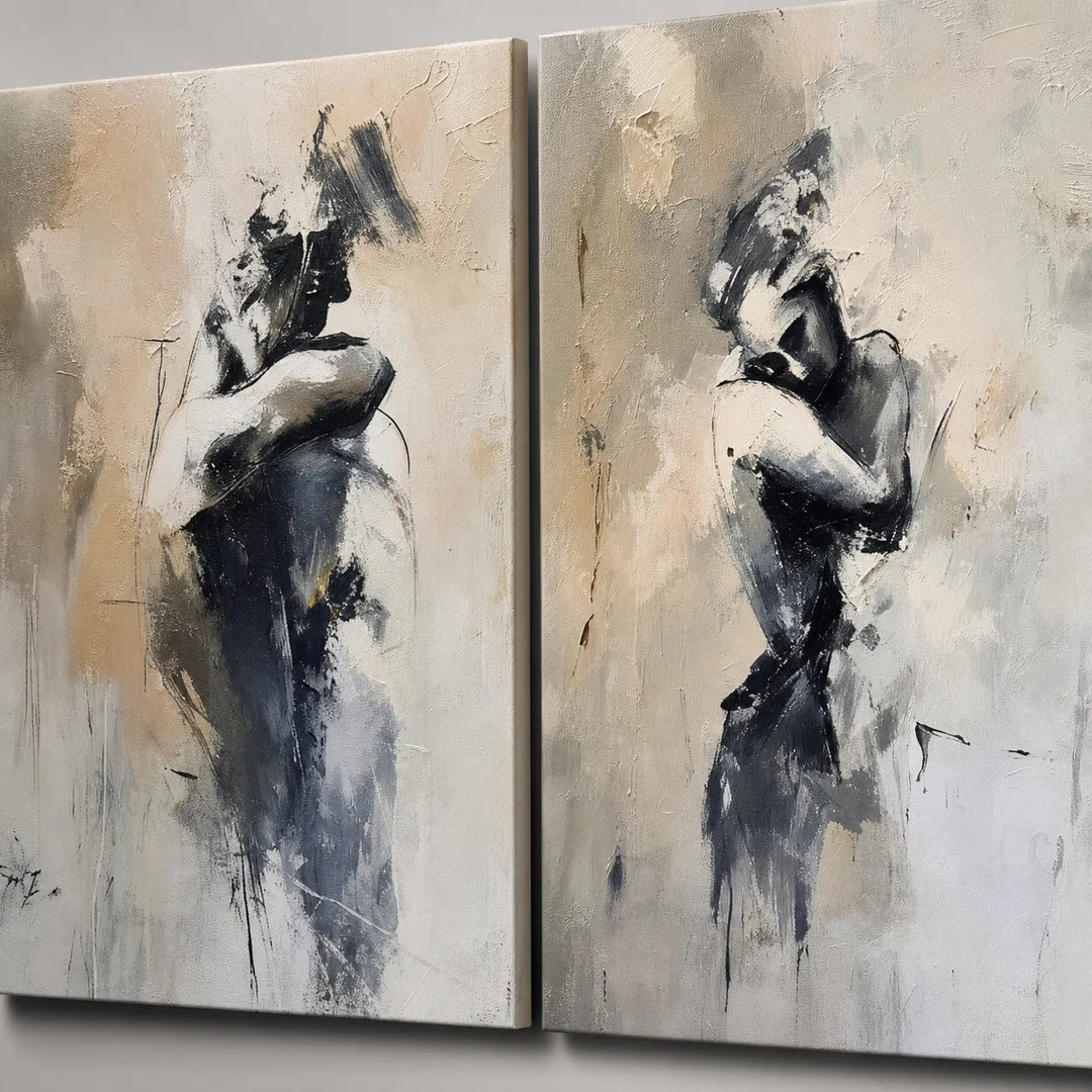 Gray Beige Figurative Diptych Abstract Painting TA