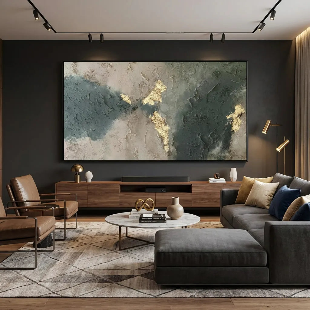 Forest Green Gray Gold Leaf Abstract Painting TA