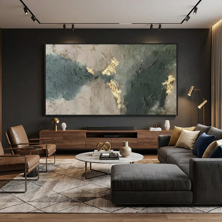 Forest Green Gray Gold Leaf Abstract Painting TA