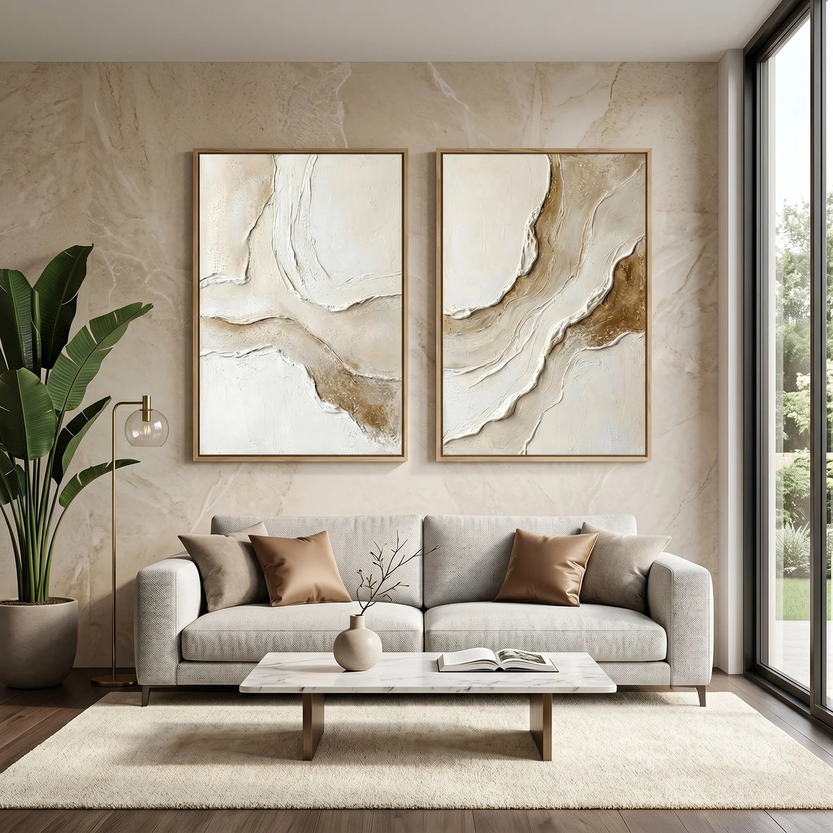 Gold Vein Abstract Diptych Canvas Painting Neutral Art TA#1217