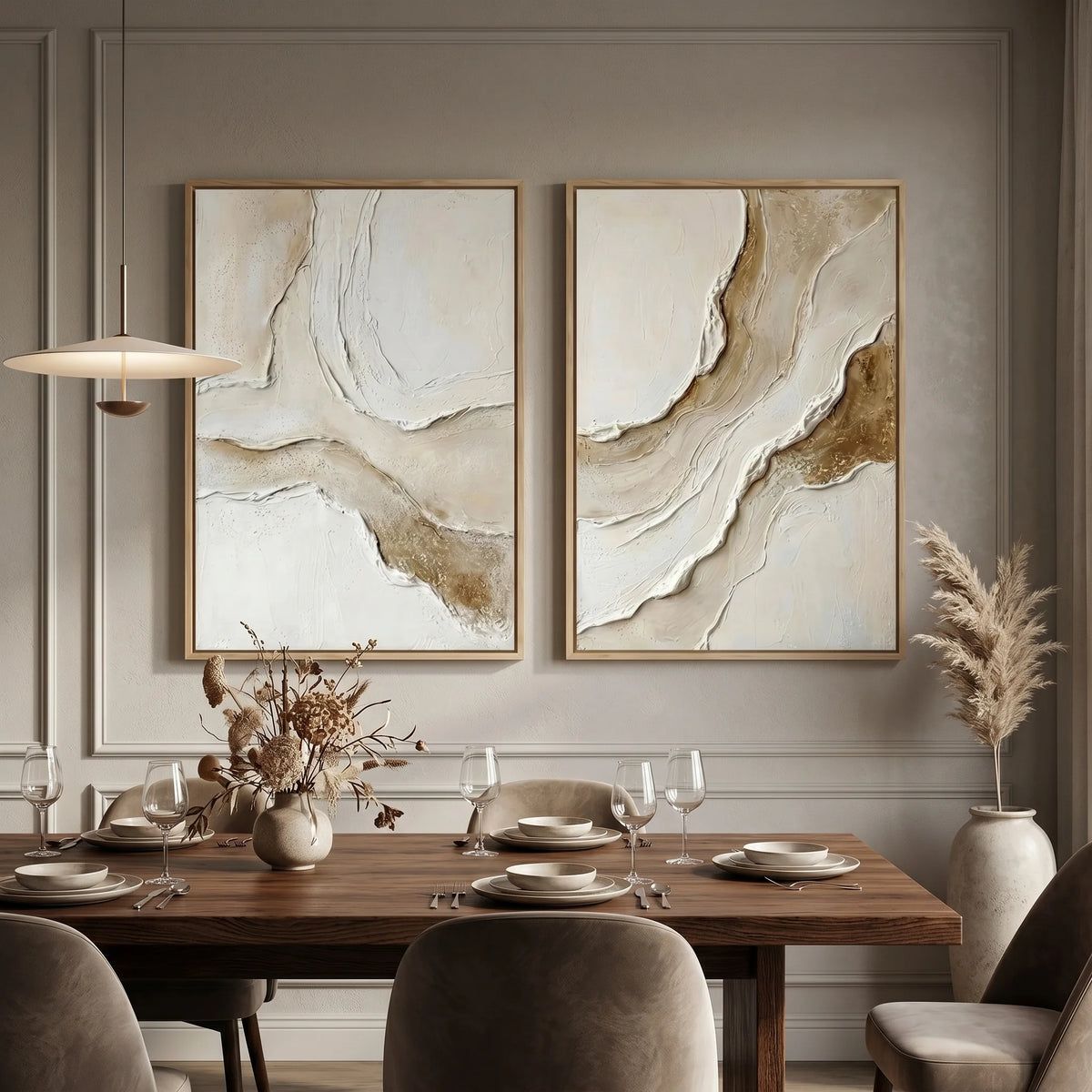 Gold Vein Abstract Diptych Canvas Painting Neutral Art TA#1217