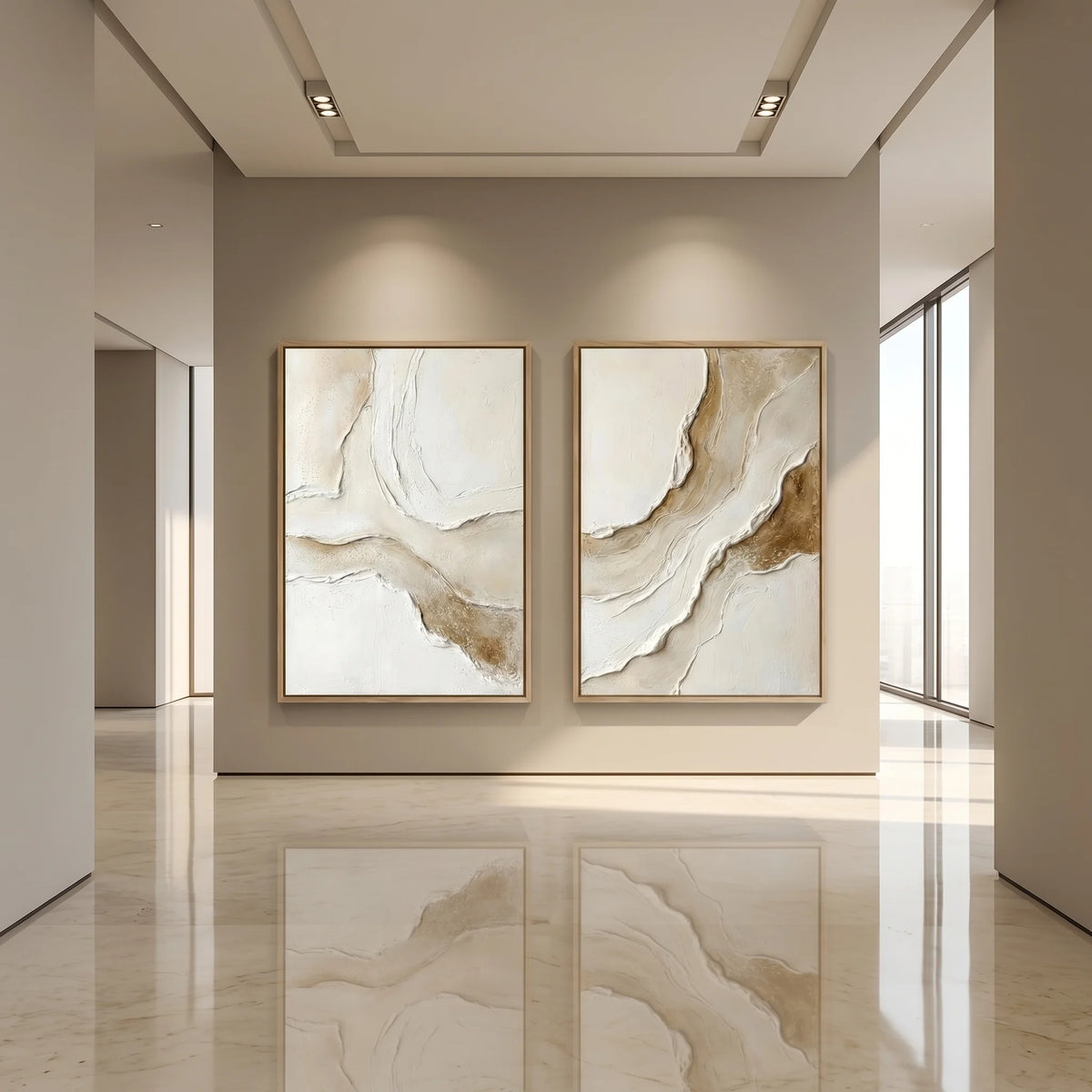 Gold Vein Abstract Diptych Canvas Painting Neutral Art TA#1217