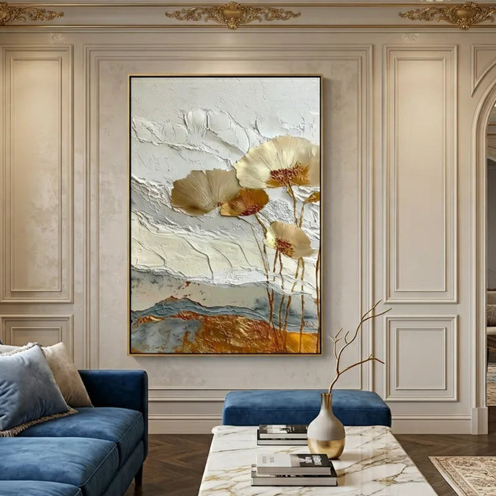 Golden Poppy Textured Metallic Abstract Floral Art TA