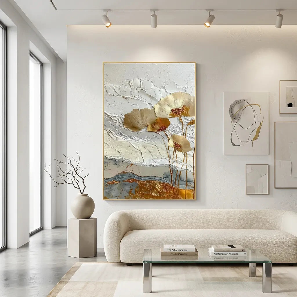 Golden Poppy Textured Metallic Abstract Floral Art TA