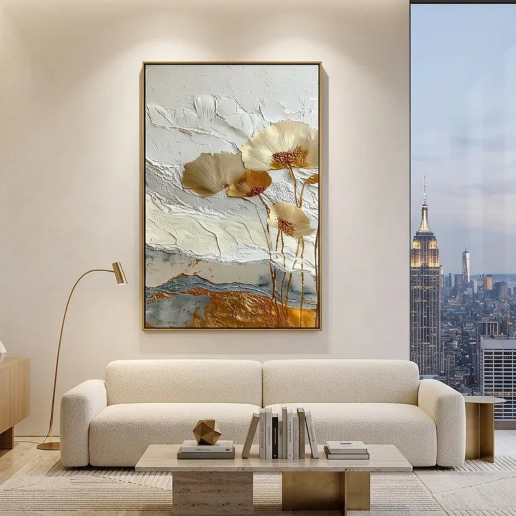 Golden Poppy Textured Metallic Abstract Floral Art TA#030508 — Existing room preview room preview