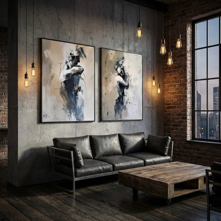 Gray Beige Figurative Diptych Abstract Painting TA
