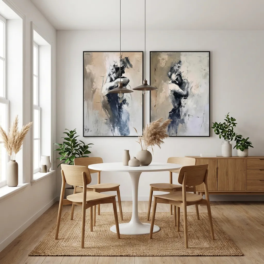 Gray Beige Figurative Diptych Abstract Painting TA