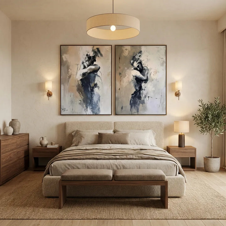 Gray Beige Figurative Diptych Abstract Painting TA