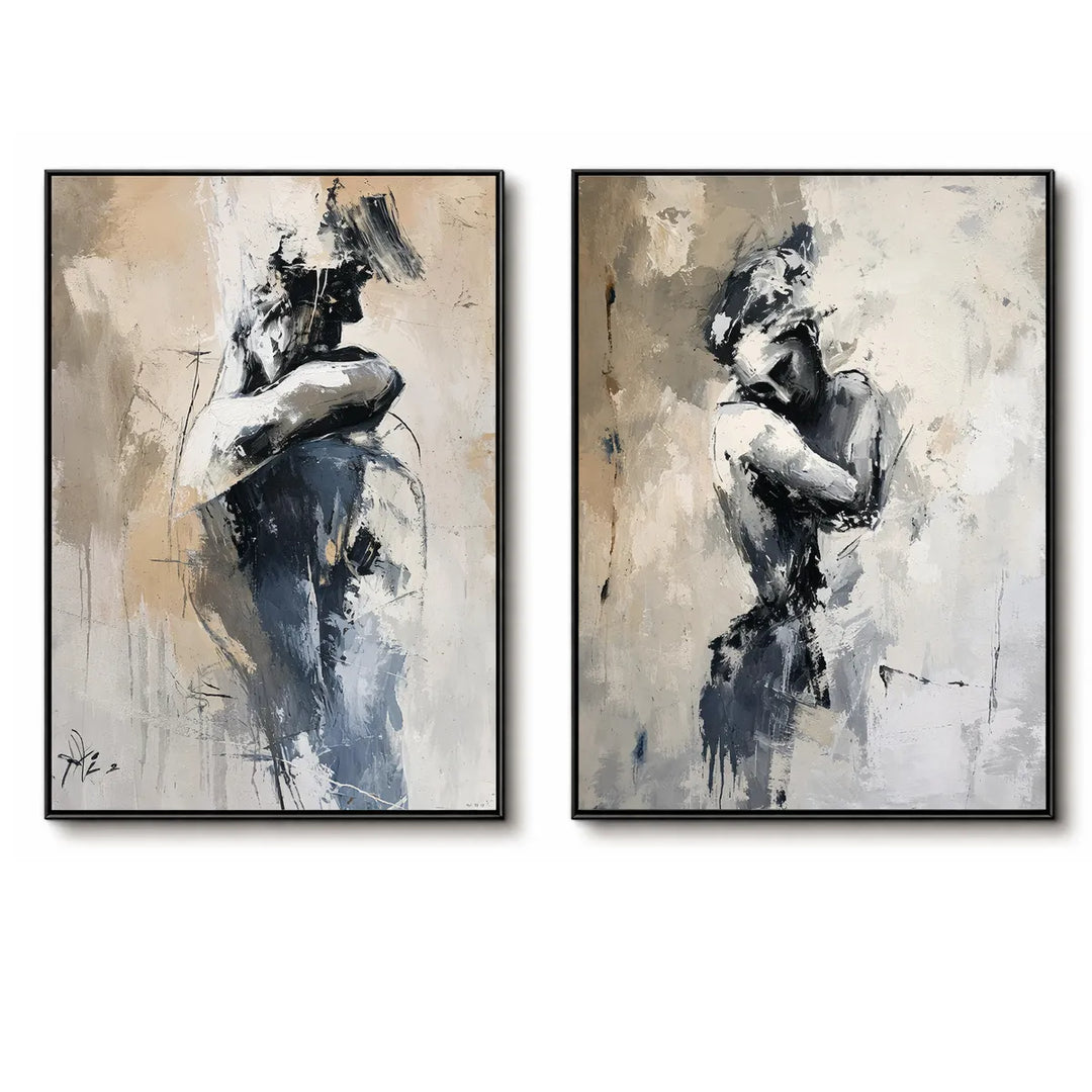 Gray Beige Figurative Diptych Abstract Painting TA