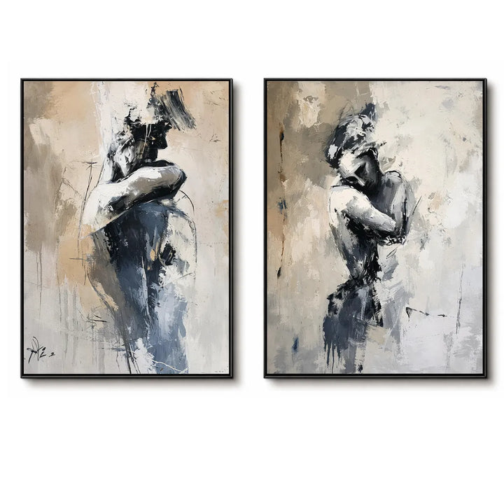Gray Beige Figurative Diptych Abstract Painting TA