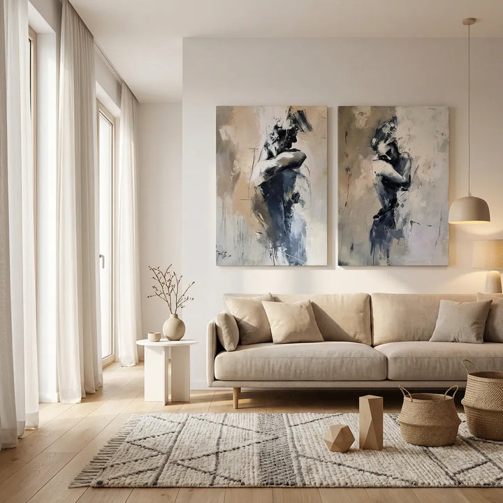 Gray Beige Figurative Diptych Abstract Painting TA