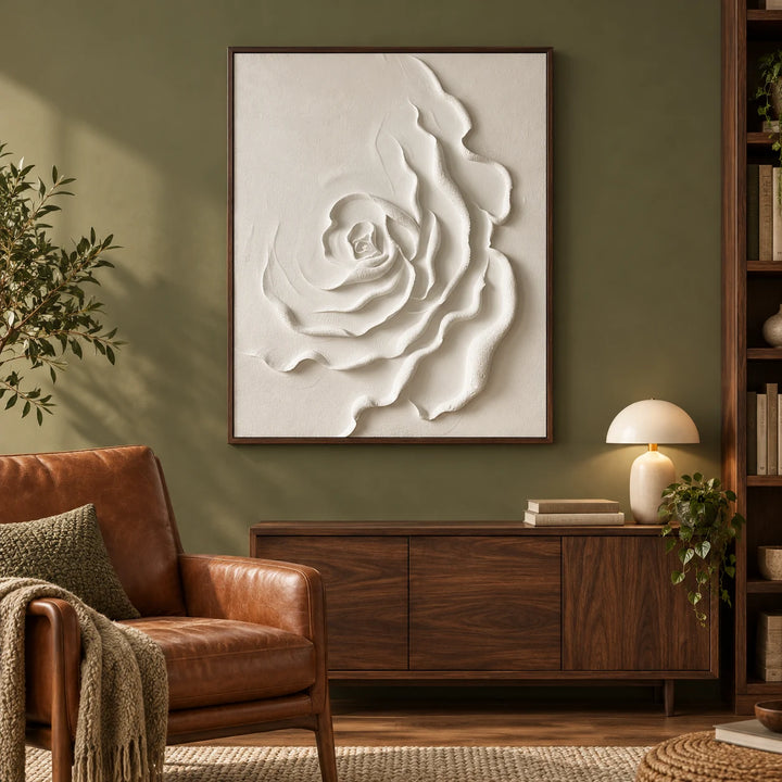 HM0521 white rose plaster relief painting with dark walnut frame in an olive midcentury reading room