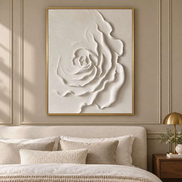 HM0521 white rose plaster relief painting with brushed gold frame in a taupe contemporary bedroom
