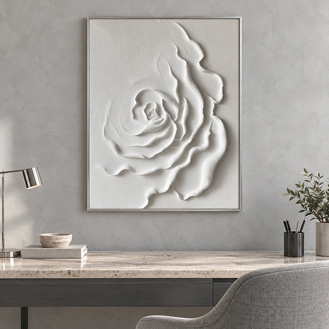 HM0521 white rose plaster relief painting with silver frame above a gray home study desk