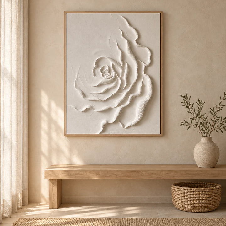 HM0521 white rose plaster relief painting with natural oak frame in a Japandi entryway