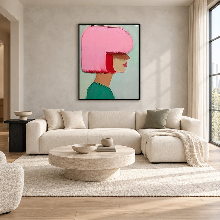 HM0523 Modern Pop Art Portrait Canvas in black frame, complete styled home interior