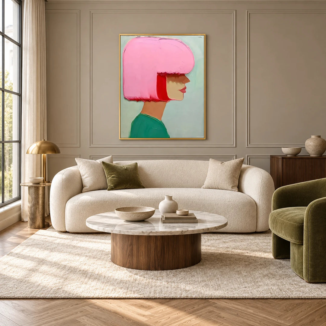 HM0523 Modern Pop Art Portrait Canvas in gold frame, complete styled home interior