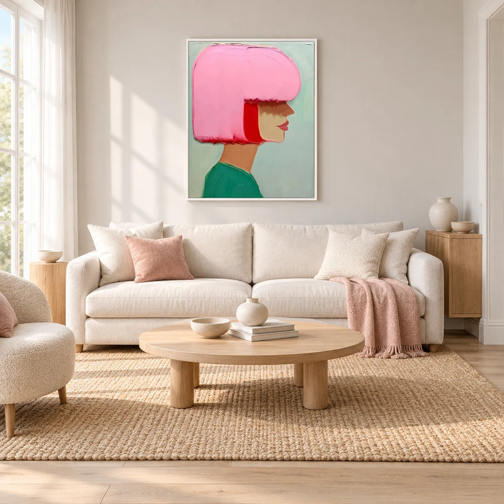HM0523 Modern Pop Art Portrait Canvas in white frame, complete styled home interior