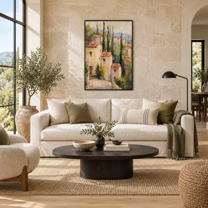 HM0728 Italian village painting in black frame, full styled home interior