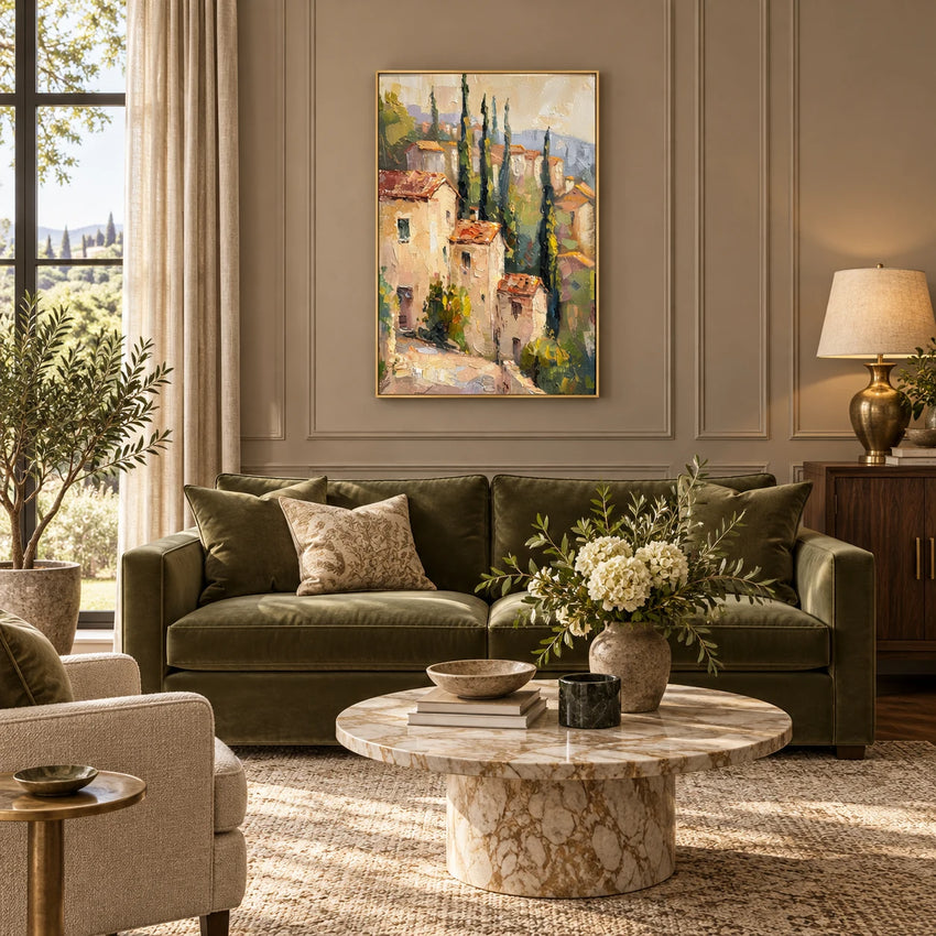 HM0728 Italian village painting in gold frame, full styled home interior