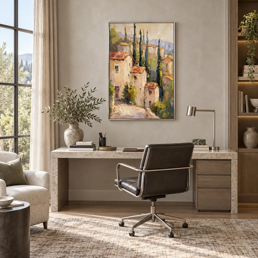HM0728 Italian village painting in silver frame, full styled home interior