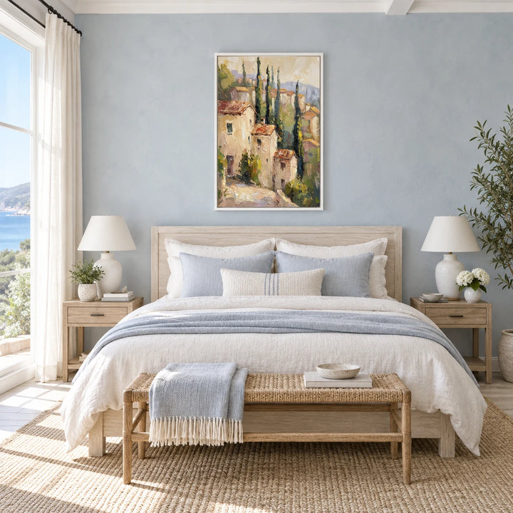 HM0728 Italian village painting in white frame, full styled home interior