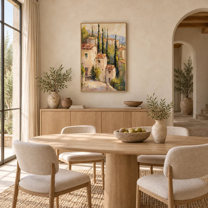 HM0728 Italian village painting in wood frame, full styled home interior