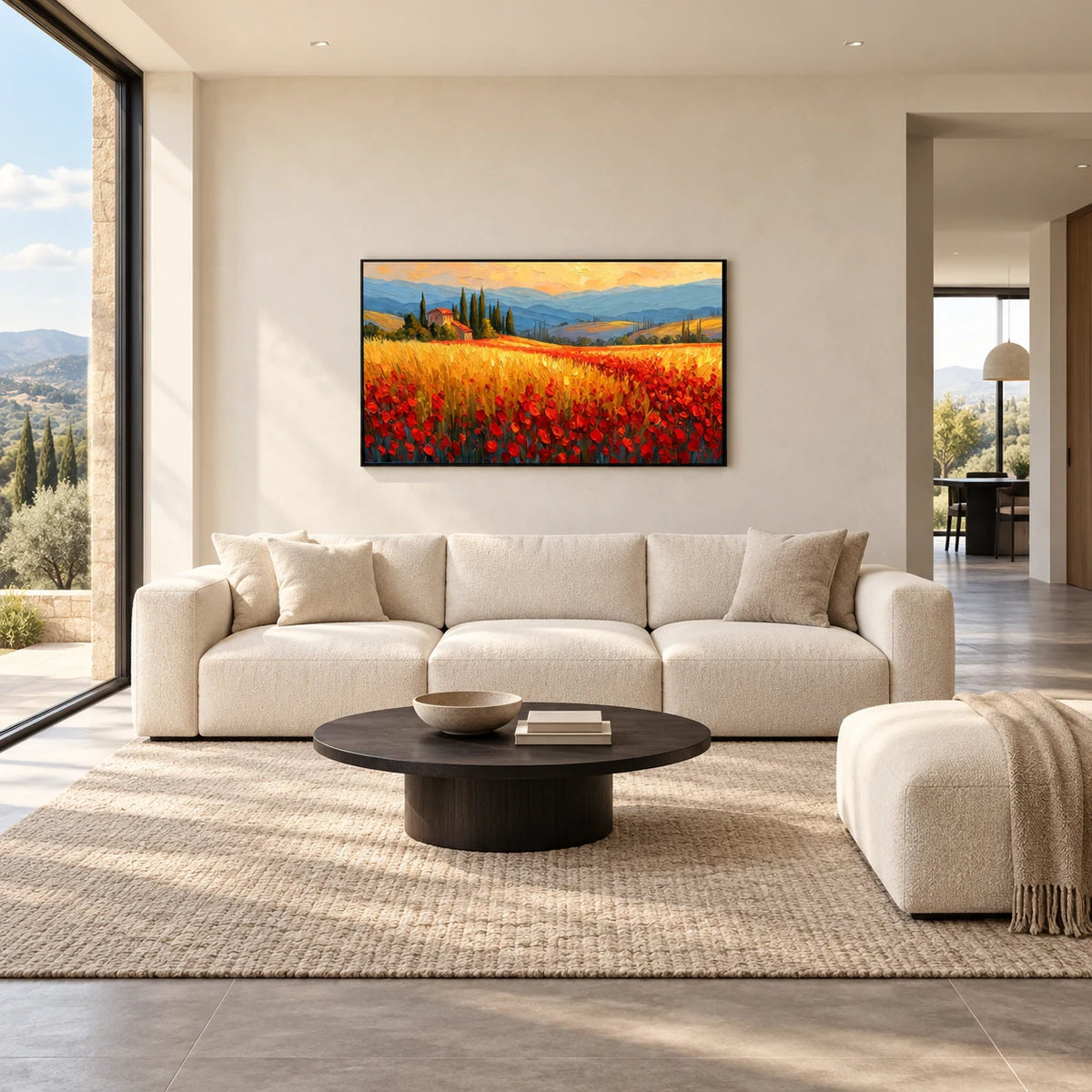 Same room with Red Poppy Field Hand-Painted | HM#0729 in Black Frame