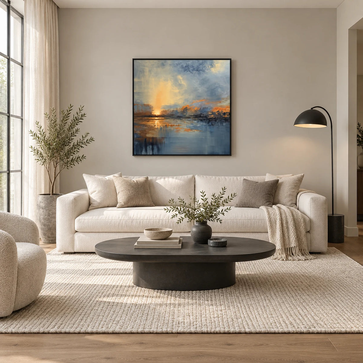 Same room with Modern Abstract Sunset Landscape Oil Painting HP#0519 in Black Frame